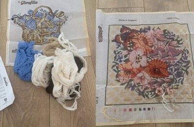 Restposten 2x Vintage Glorafilia Nadelspitze Gobelin Sets angefangen Leinwand Blumen
