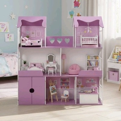 Large Pink Wooden Dollhouse, 6 Rooms, No Furniture, Cottage Style, 49''