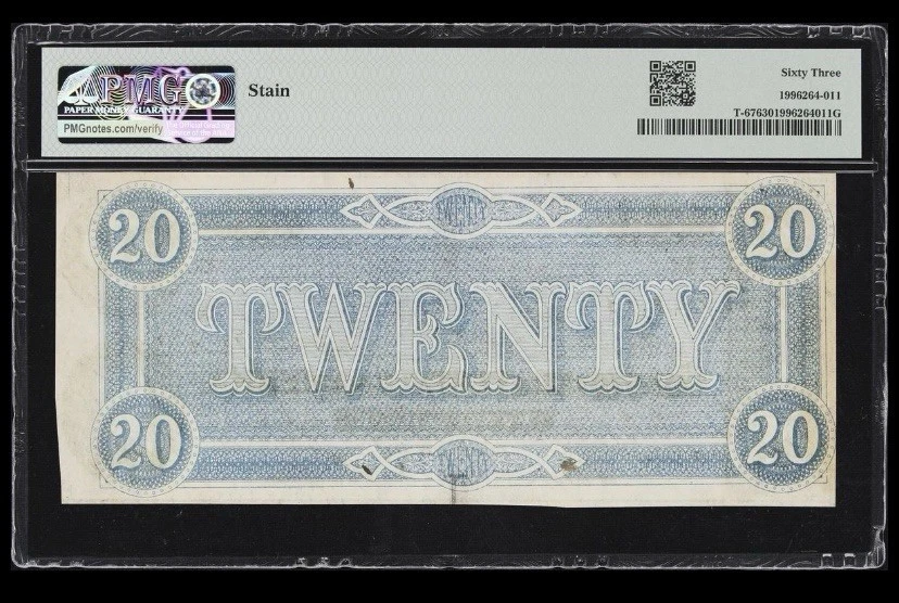 PMG CU63. T-67 $20 1864 Confederate States Civil War Obsolete Banknote Currency - Image 2 of 4