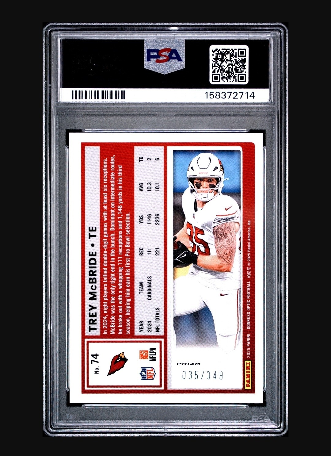 PSA 9 - 2025 Optic: Trey McBride #74 Aqua Prizm /349 view 2