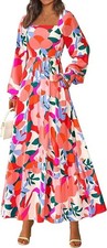 Rio Bright Floral Smocked Maximalist Boho Cottage Prairie Modest Maxi Dress LG