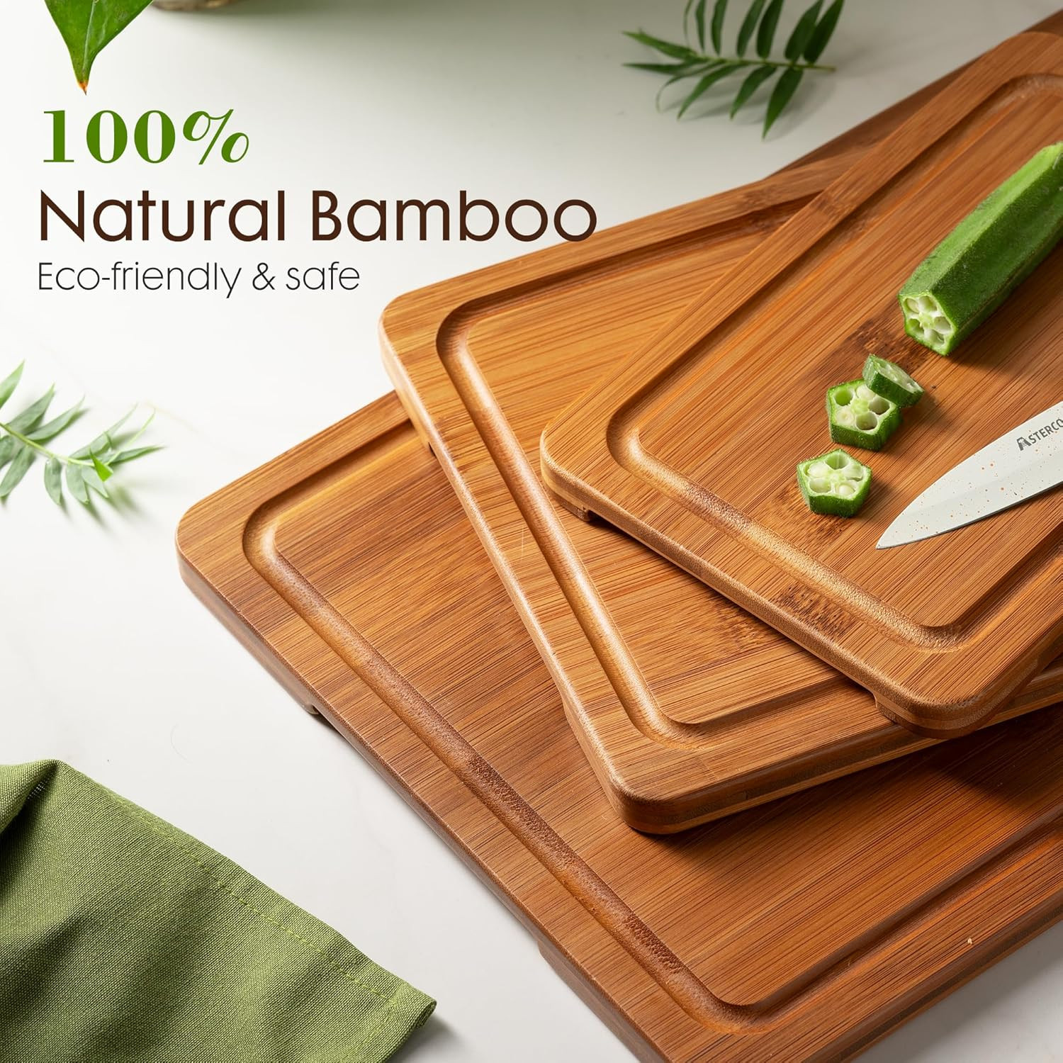 Deep-Carbonized Bamboo Cutting Boards for Kitchen with Wood Storage Stand, Rever