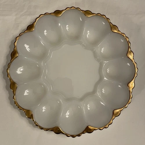 Vintage Anchor Hocking Milk Glass Deviled Egg Plate with Gold Trim Ornate Bottom