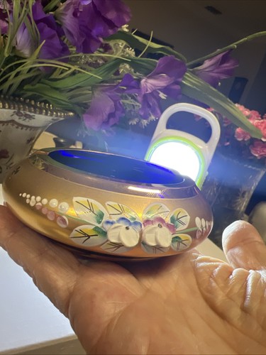 VTG Czech Bohemian Cobalt Blue CRYSTAL Ashtray, Gold & enameled Flower Decor New - Picture 7 of 7