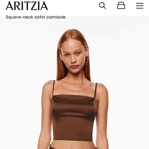 SUNDAY BEST Aritzia Square Neck Satin Camisole 2XS Brown Cropped Top EUC B20 - Picture 6 of 6