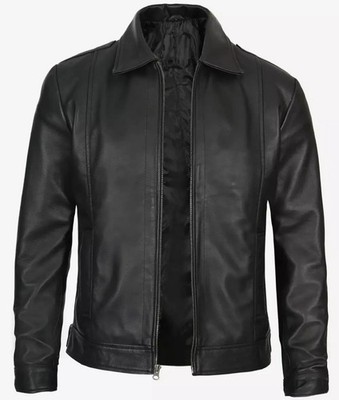 Vintage-Style Harrington Leather Jacket Reeves Men's Black with Shirt  Collar
