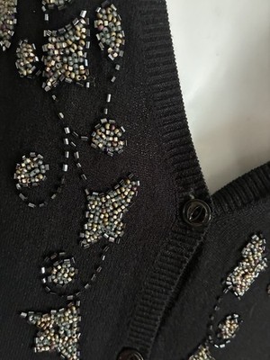 Jones New York Black Beaded Beading Button Boyfriend Cardigan Pockets Sweater S