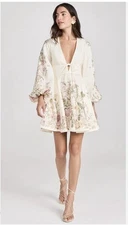 Zimmermann Waverly Plunge Mini Dress Floral Long Sleeve OffWhite AU 1 G2U