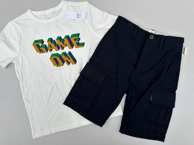 NEW lot 2 Gap Kids Shorts Blue 7 slim Game On  T-shirt Size S 6-7 Boys White