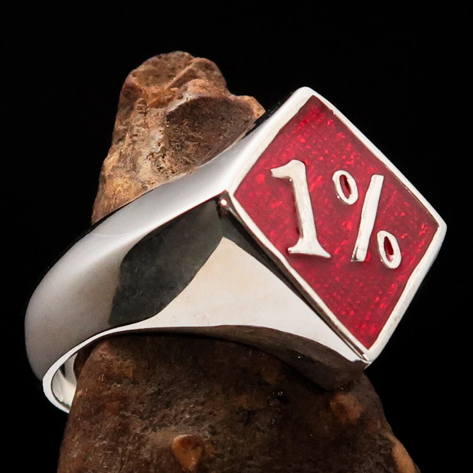 MENS STERLING SILVER OUTLAW BIKER RING DIAMOND 1% ER ONE PERCENT RED SIZE 10 - Image 3 of 4
