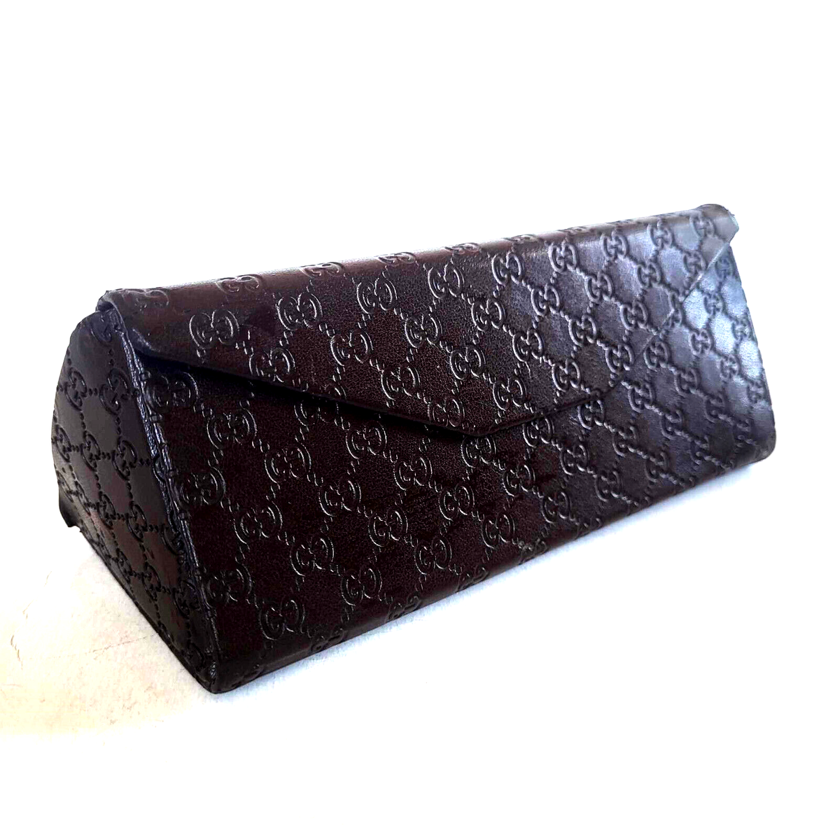 GUCCI Eyeglasses Case Brown Leather Sunglasses Hard Holder Trifold