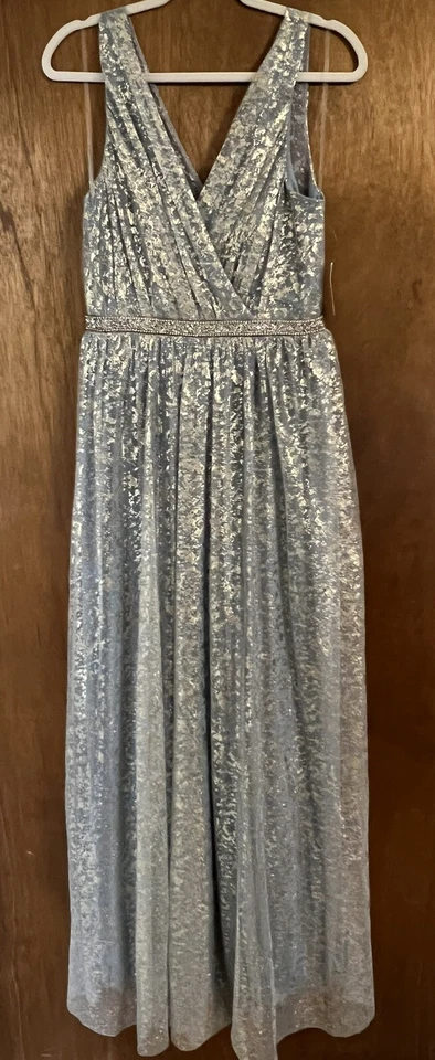 Свадебное официальное платье David's светло-голубое с золотой фольгой размер 9 - Изображение 2 из 4