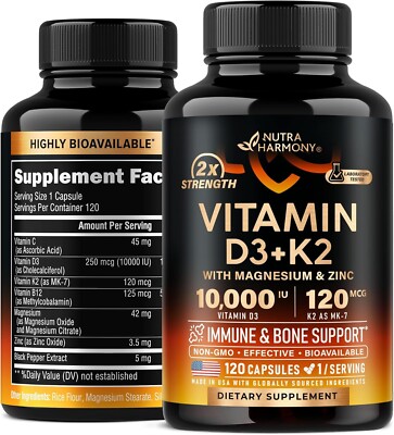 Vitamin D3 K2 - Vitamin D3 10000 iu & K2 as MK-7 120 mcg - Immune & Mood Support