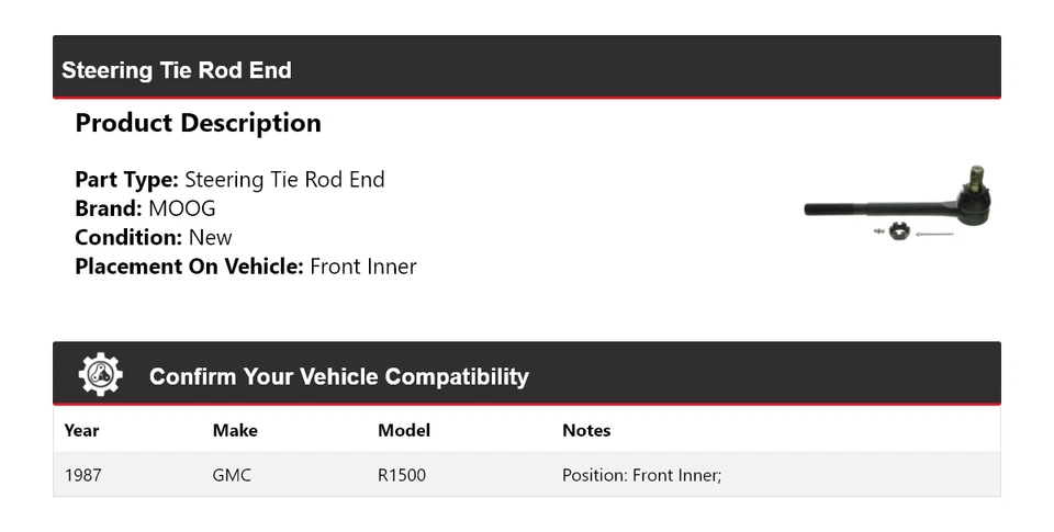 Передний внутренний конец рулевого анкерного стержня для 1987 GMC R1500 MOOG - Изображение 2 из 4