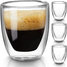 Double Walled Espresso Cups Set of 4 (50% Thicker), 3 Ounce Clear Expresso Coffe