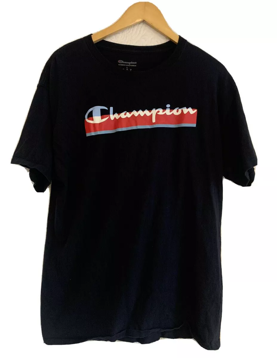 Champion Men's Navy Blue & Red Logo T-shirt Size Large Short Sleeve