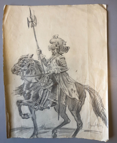Disegno a matita Cavaliere con armatura e cavallo Firmato 29,4x22,8 cm - Photo 1/5