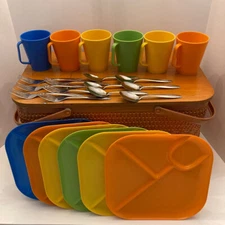 Vintage Redmon Picnic Basket 6 Plates Cups Silverware Original Box Bonus 1970s