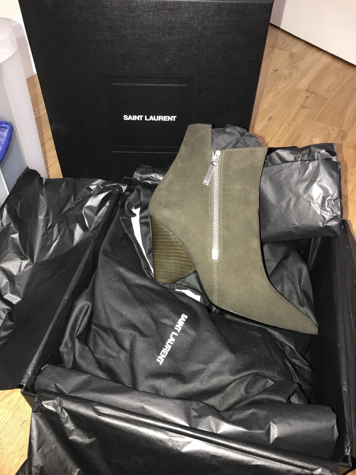 *NUOVI* Stivali Saint Laurent in camoscio verde Niki 85 taglia 39 prezzo consigliato £ 600.