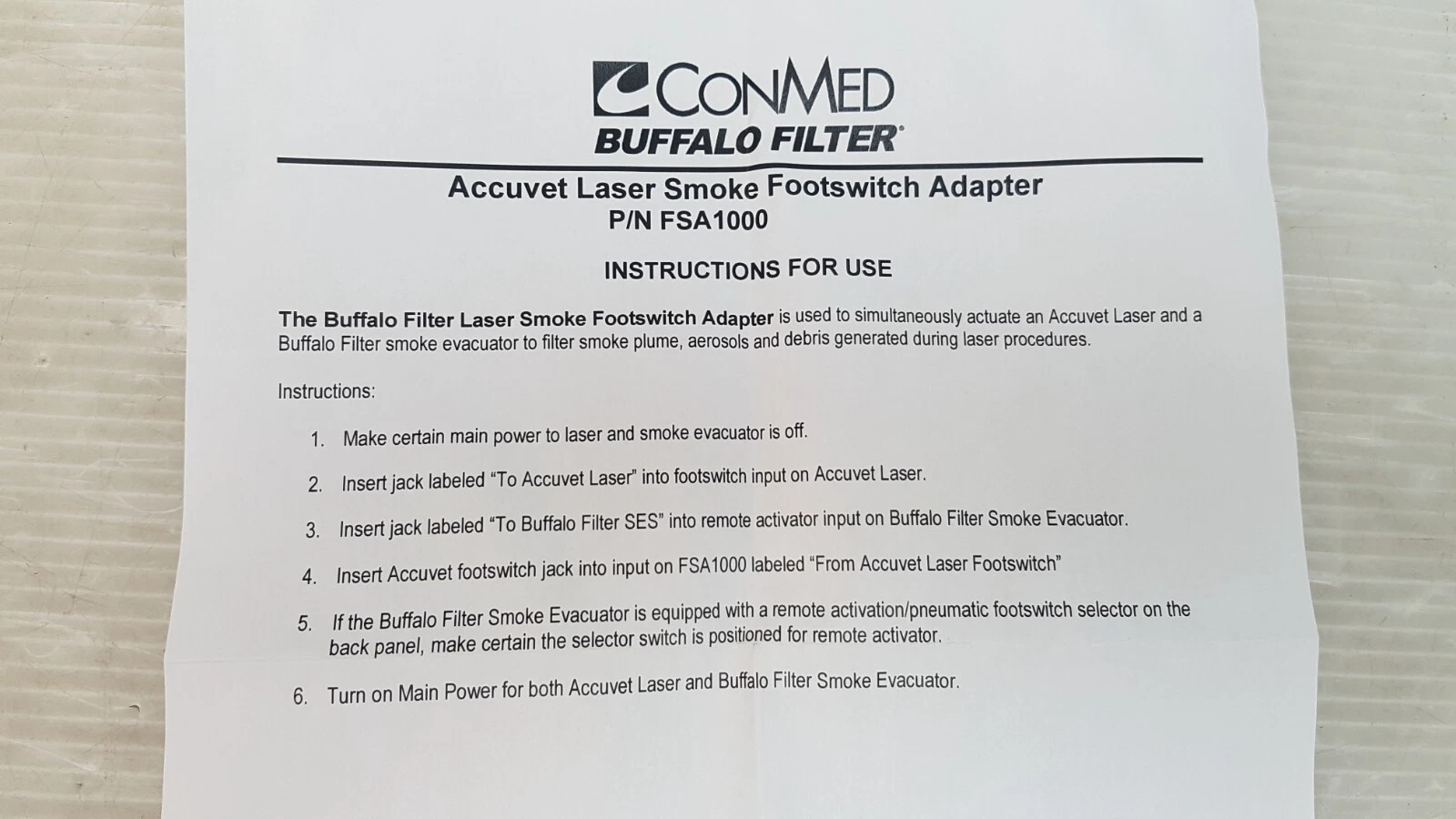 ConMed Buffalo Filter instructions for use, Accuvet Laser Smoke Footswitch Adapter P/N FSA1000