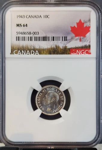 1943 CANADA SILVER 10 CENTS 10C GEORGE VI NGC MS 64 SCARCE BU BEAUTIFUL COIN