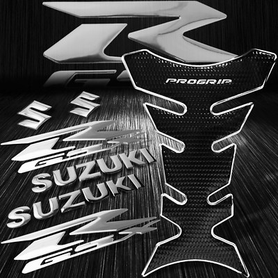 Chrome Silver&Black Pro Gas/Fuel Tank Pad+8'' 3D Logo+GSXR Fairing Emblem Sticker
