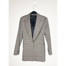 Zara Basic Women's Single Breasted Blazer Grey Red Check Plaid Lapel Collar