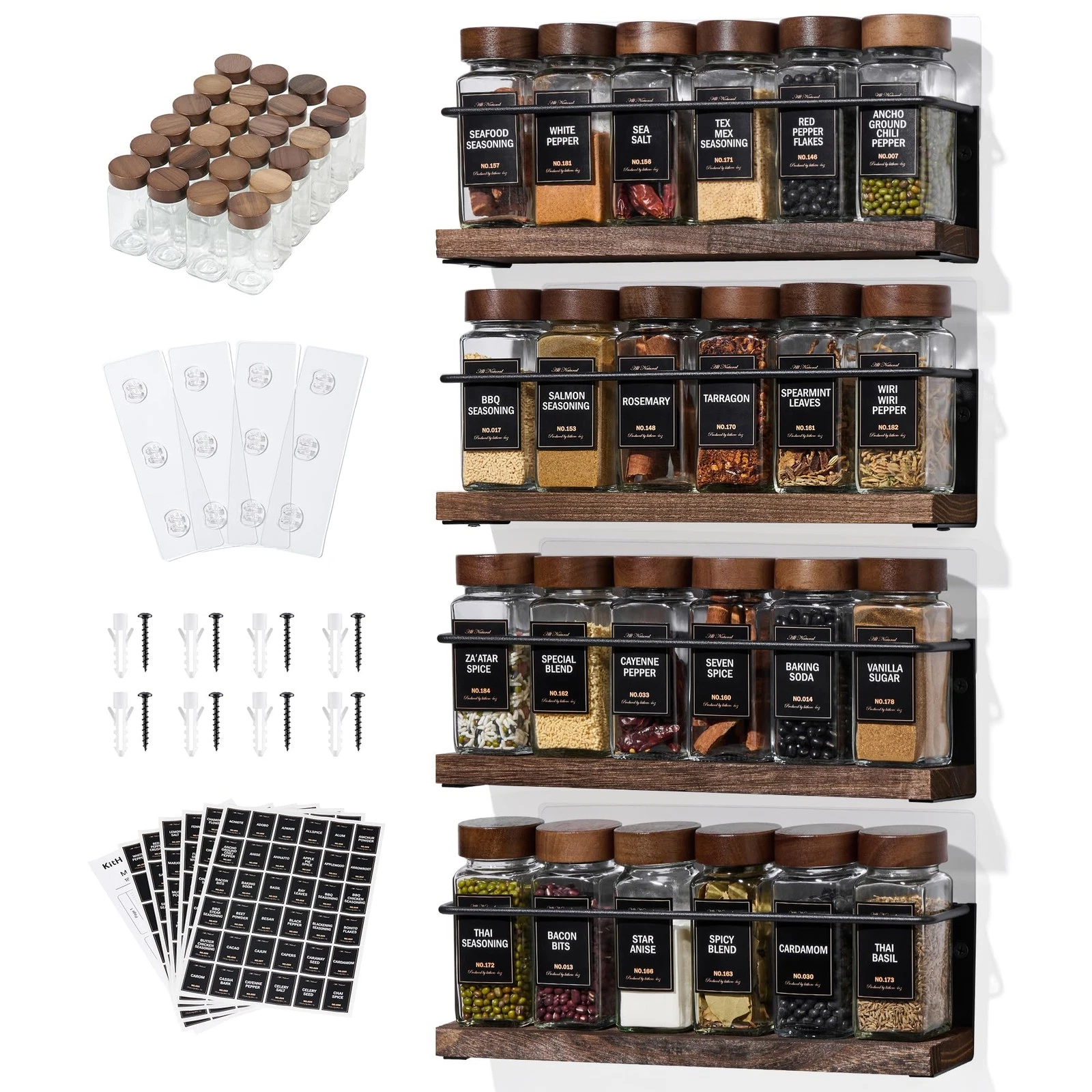 4-Tier Wall Mount Spice Rack Organizer with 24 Glass Jars, 216 Labels & Funne...