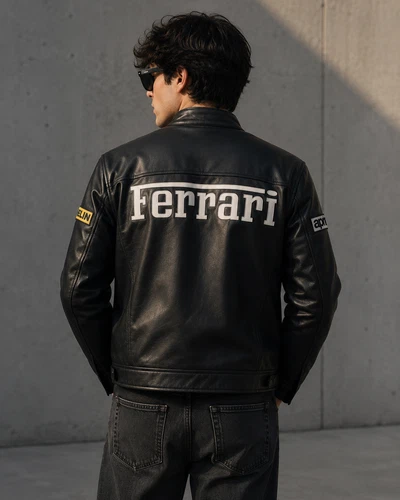 Men's Black & Red Ferrari Embroidered Vintage F1 Racing Leather Motorbike Jacket image 2
