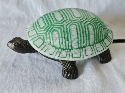 Vintage White Green Glass Brass Base TURTLE Night LIGHT Table Lamp Tiffany Style
