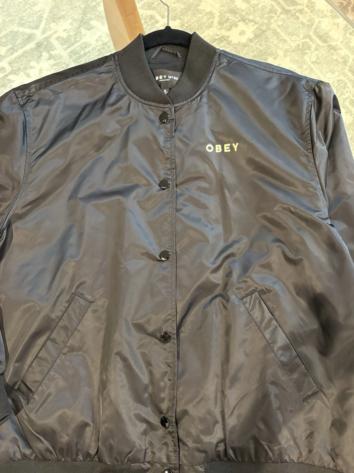 Obey Propaganda No. 89 Satin Bomber Jacket M Black Riot Cop Skull Red Flower - product detail image 3