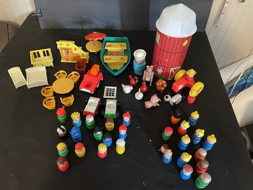 Vintage Fisher Price Little People Lot Wooden Plastic Animals Furniture Silo