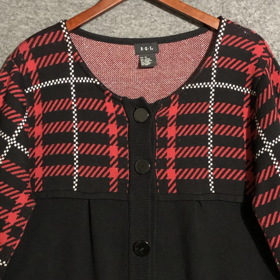 RQT Suéter Mujer XL Negro Rojo Cuadros Botón Cárdigan Babydoll Cintura Imperio Y2K Foto 2 de 4