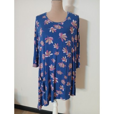 LOGO Lori Goldstein Blue Floral Geometric Mixed Print Tunic Top 2X Side Pocket