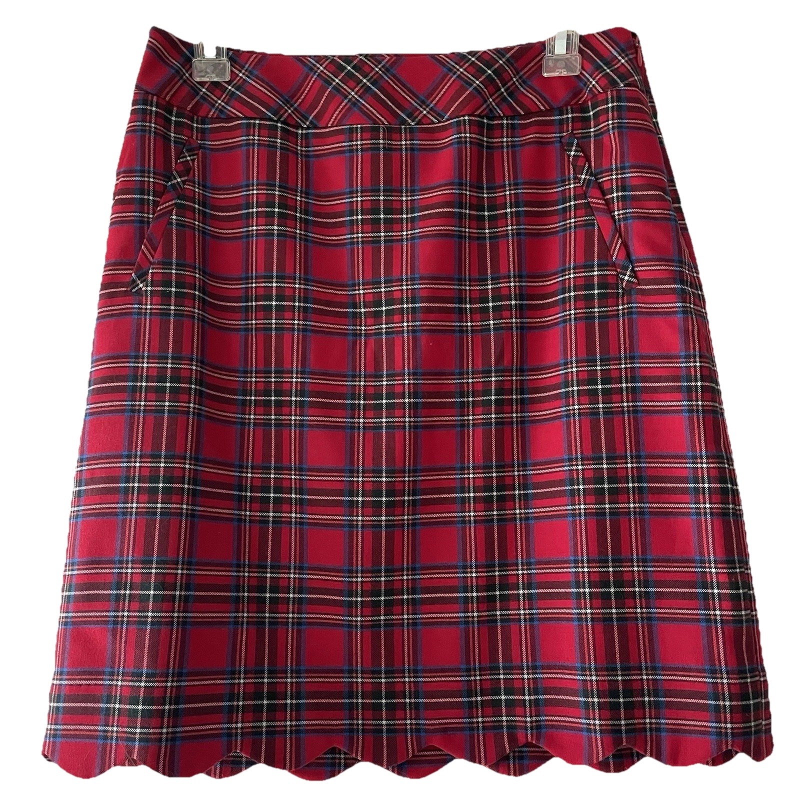 Talbots Women Size 4 Red Tartan Plaid Wool Blend Scallop Hem Pocket Lined Skirt