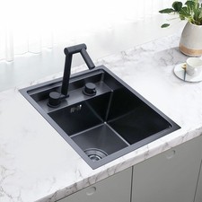 Hidden Kitchen Sink Single Bowl Folding Faucet W/ Drain Assembly Stainless Steel
