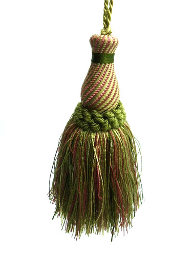 Vintage French Tassel Furniture Key Fob  Green/Greenish Gold Silk Cotton