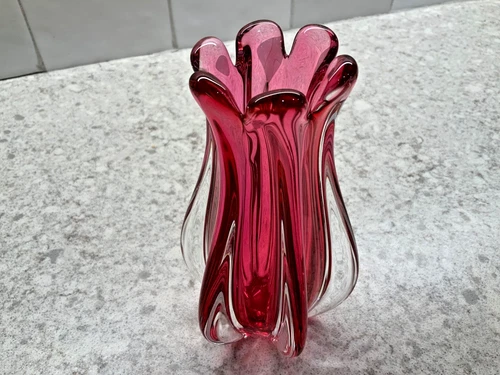 Vintage Murano Oball Glass Vase 6" Tall Beautiful Rasberry Color