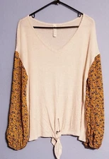 VanillaBay Women VNeck Floral Longsleeve LARGE VNeck Cream  Multicolor Tie Front