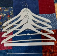 Lot of 5 White Wooden Hangers: 4 Top hangers, 1 Pants Hanger