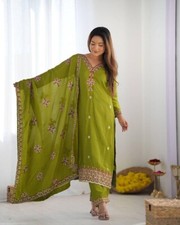 New Ethnic Wear Olive Green Chinon Silk Salwar Kameez With Dupatta For Women