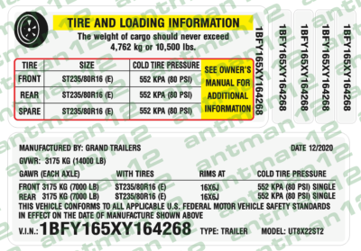 #ad Trailer ID Vin Label and Tire Pressure Decal 3M Professional High Tack Vinyl $49.99