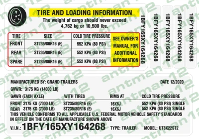 Trailer ID Vin Label and Tire Pressure Decal 3M Professional High Tack Vinyl - Bild 1 von 3