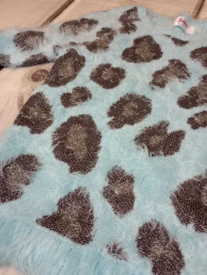 Suéter Justice Niñas Talla 10 SUAVE Difuso Mangas Largas Azul Gris Piel de Leopardo Usado en Excelente Condición Foto 2 de 4