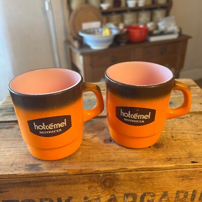 Vintage Paar orangefarbene Glas Trinkbecher - Hotcemel Nutricia - Retro!  