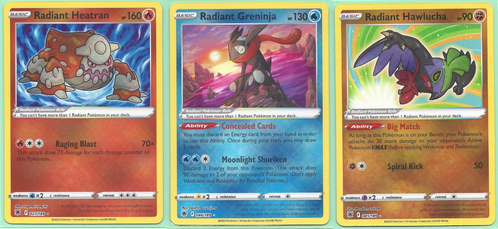 3 RARE RADIANT ASTRAL RADIANCE POKEMON-GRENINJA HEATRAN HAWLUCHA -HOLO - MINT