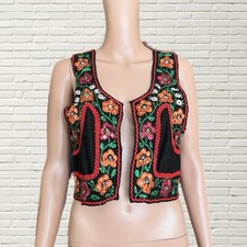 Vintage 60s 70s Vest - Black Cropped Multicolor Embroidery Hippie