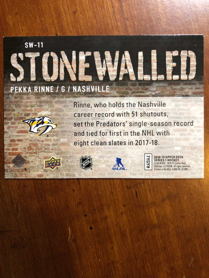 18-19 UD Series 1 Stonewalled #SW-11 Pekka Rinne - Image 2 of 2