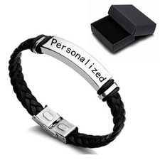 Personalised Mens Leather Bracelet Engraved Name Birthday Wedding Custom Gift