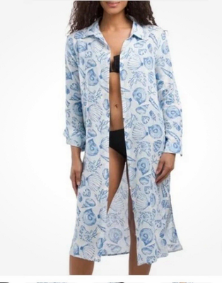 NEW Martha Stewart womens M Linen Blend Seashell Beach Cover Up dress blue  white | eBay